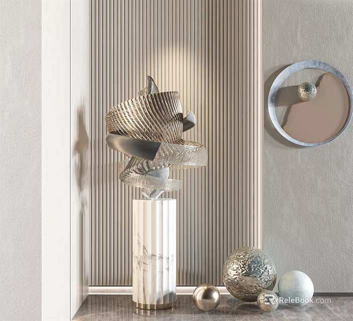 Modern Metal Sculpture Artwork With Abstract Design On Marble Base For Interior Decor 3d model 