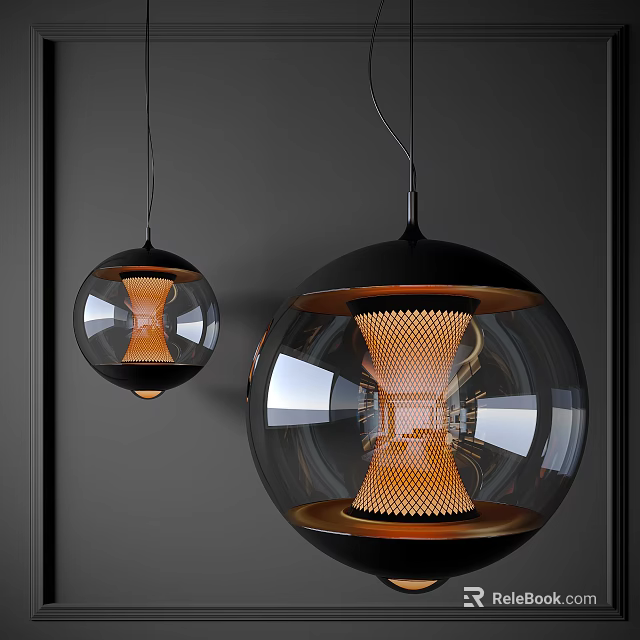 Contemporary Pendant Lights Featuring Spherical Transparent Glass And Orange Textured Inner Design On Dark Wall 3d model 