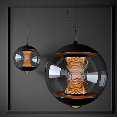 Contemporary Pendant Lights Featuring Spherical Transparent Glass And Orange Textured Inner Design On Dark Wall 3d model