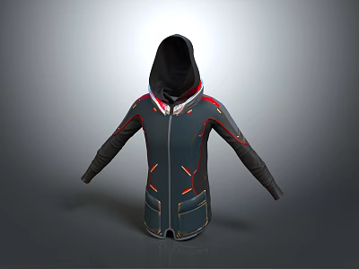Hooded Jacket In Modern Design With Red Accents Zipper Closure And Long Sleeves 3d model