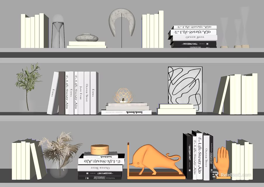 Stylish Decorative Ornament Combinations On Bookshelves With Books Sculptures And Plants 3d model 