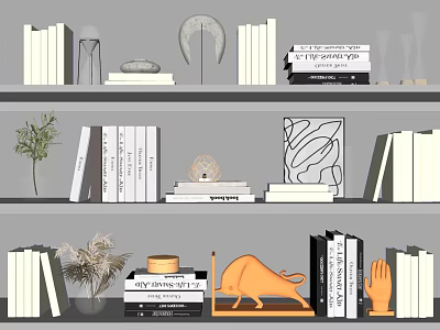Stylish Decorative Ornament Combinations On Bookshelves With Books Sculptures And Plants 3d model