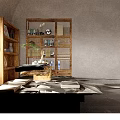 Serene Japanese Interior Featuring Arched Ceiling Raised Platform Cushions Wicker Table And Bookshelf
