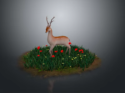 Deer Standing On Circular Area With Green Grass Red Flowers Against Gray Background 3d model