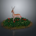 Deer Standing On Circular Area With Green Grass Red Flowers Against Gray Background
