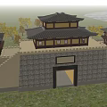 Ancient Chinese Architecture With Pavilion City Wall Autumn Trees And People Walking On Grass