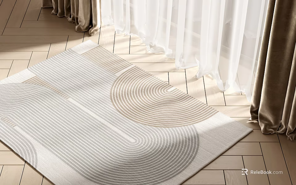 Square Rug With Geometric Patterns In Neutral Tones On Wooden Floor 3d model 