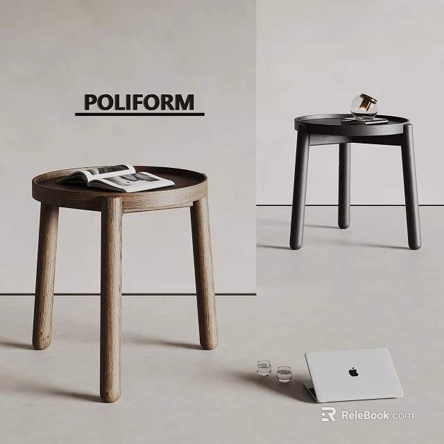 Modern Side Tables Featuring Round Top Wooden Legs Black Finish With Magazine And Decorative Object 3d model 