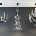 Modern Abstract Pendant Lights With Unique Metallic Linear Structures And Exposed Bulbs 3d model