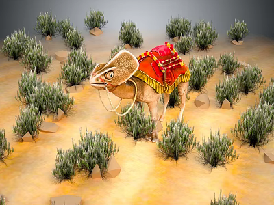 Camel Standing In Desert With Red Saddle And Green Bushes Around Sandy Ground 3d model