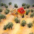 Camel Standing In Desert With Red Saddle And Green Bushes Around Sandy Ground