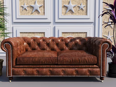 Brown Leather Tufted Multi Seater Sofa With Rolled Arms And Starfish Decor 3d model