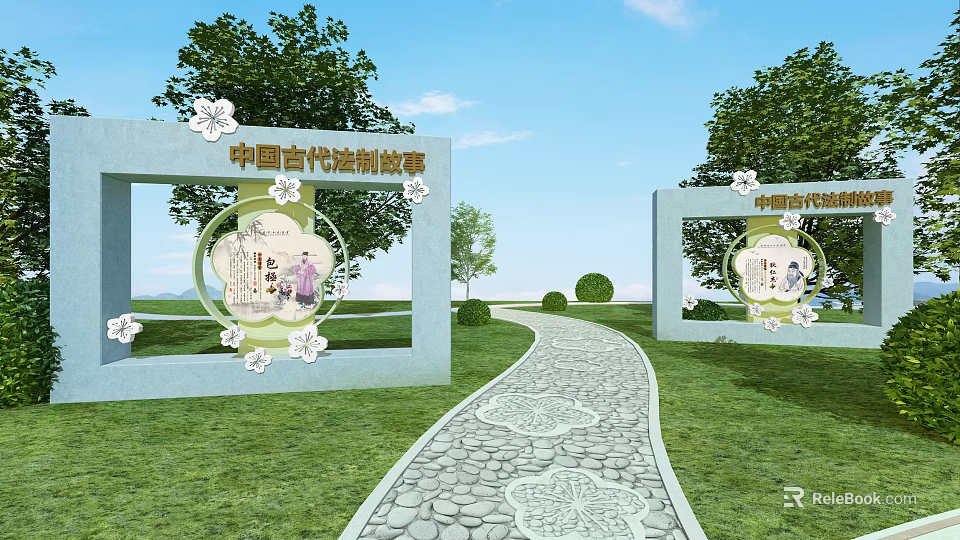 Scenic Park Landscape With Chinese Ancient Legal Stories Displays Stone Path Green Grass And Trees 3d model 