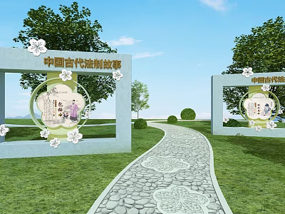 Scenic Park Landscape With Chinese Ancient Legal Stories Displays Stone Path Green Grass And Trees 3d model