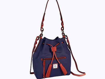 Navy Blue Bucket Bag With Red Braided Straps And Tassel Details 3d model