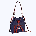Navy Blue Bucket Bag With Red Braided Straps And Tassel Details