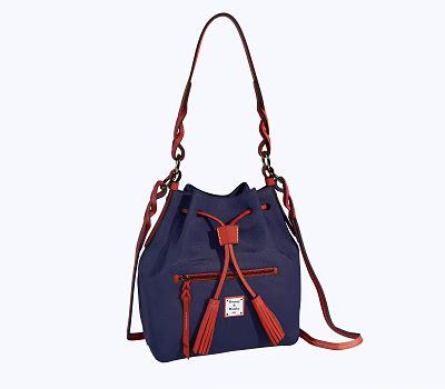 Navy Blue Bucket Bag With Red Braided Straps And Tassel Details 3d model