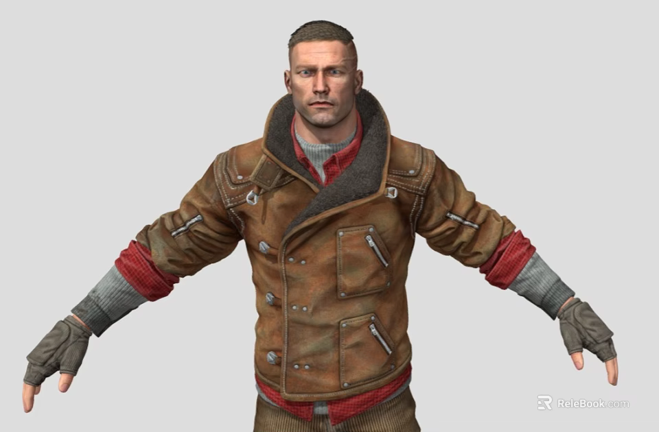 Man Wearing Brown Leather Jacket With Red Lining And Gloves Arms Outstretched 3d model 
