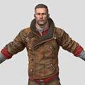 Man Wearing Brown Leather Jacket With Red Lining And Gloves Arms Outstretched