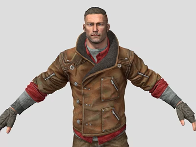 Man Wearing Brown Leather Jacket With Red Lining And Gloves Arms Outstretched 3d model