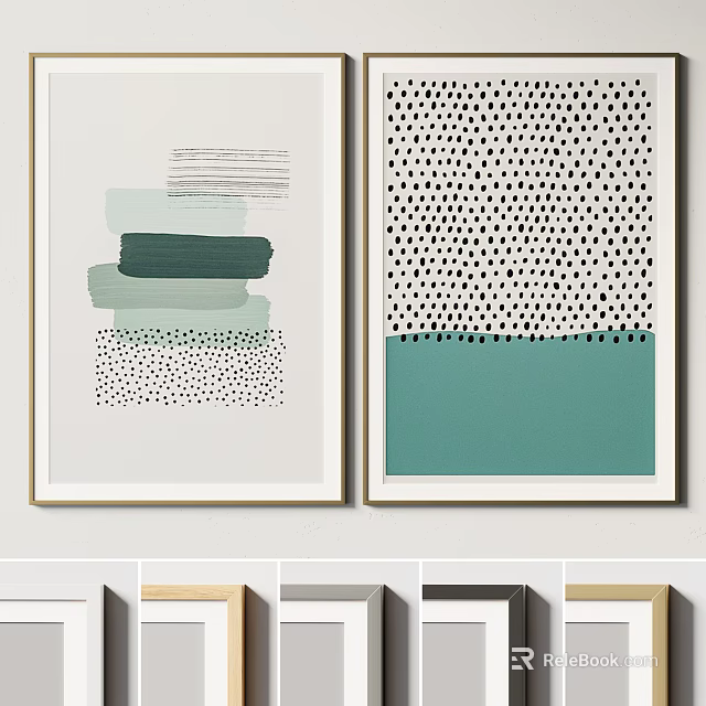 Abstract Green Tones Wall Art With Dot Patterns Lines And Various Frame Options 3d model