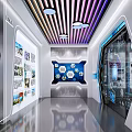 Modern Exhibition Hall With Digital Screens Industrial Images Circular Windows And Interactive Displays