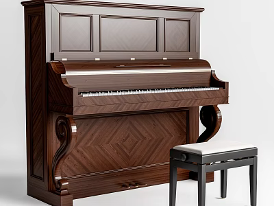 Exquisite Dark Wooden Upright Piano Musical Instrument With Bench And White Cushion 3d model