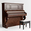 Exquisite Dark Wooden Upright Piano Musical Instrument With Bench And White Cushion