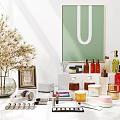 Perfume And Cosmetic Products With Golden Caps White Lids And Glass Containers On Display Shelf