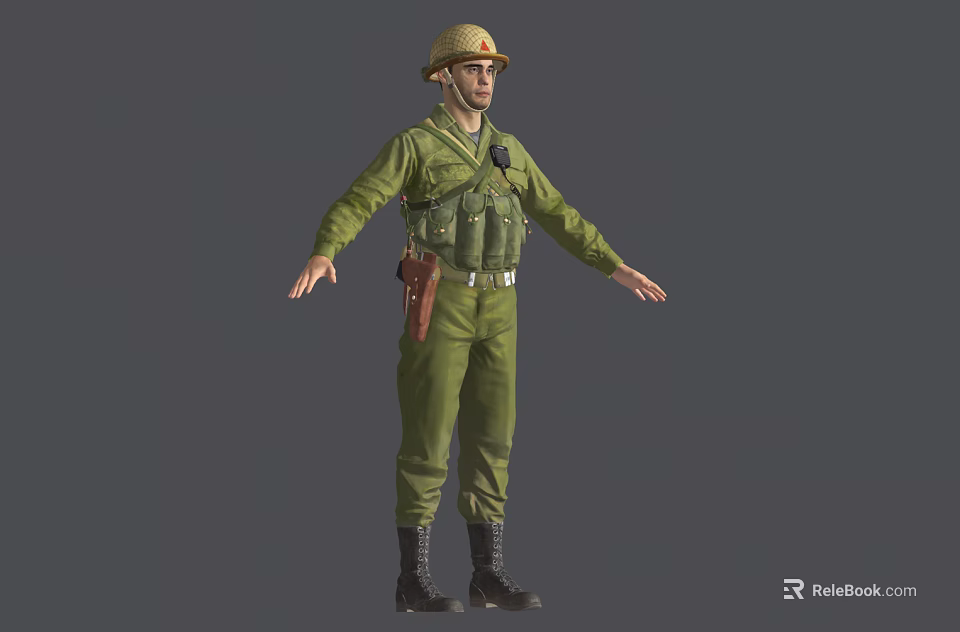 Man In Green Military Uniform With Yellow Hat And Open Arms 3d model 