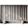 Modern Gray Textured Wall Design With Vertical Slats And Hanging Pendant Lights