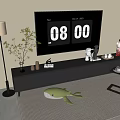 Modern Gray TV Stand With Flat Screen TV Decorative Vases Plant And Floor Lamp
