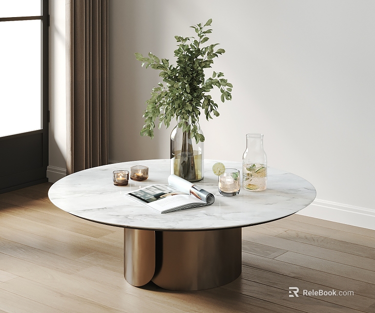 Round Marble Coffee Table with Metal Base Featuring Green Plant Candles Magazine and Glass Bottle 3d model 