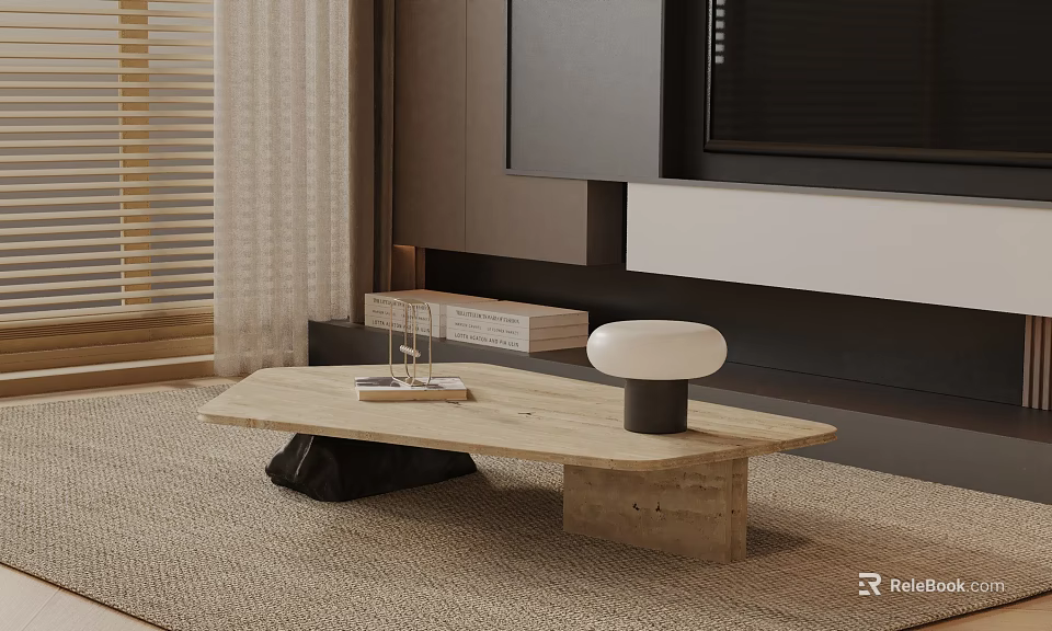 Light Colored Sofa Coffee Table Set Unique Base White Lamp Gray Rug TV Unit 3d model