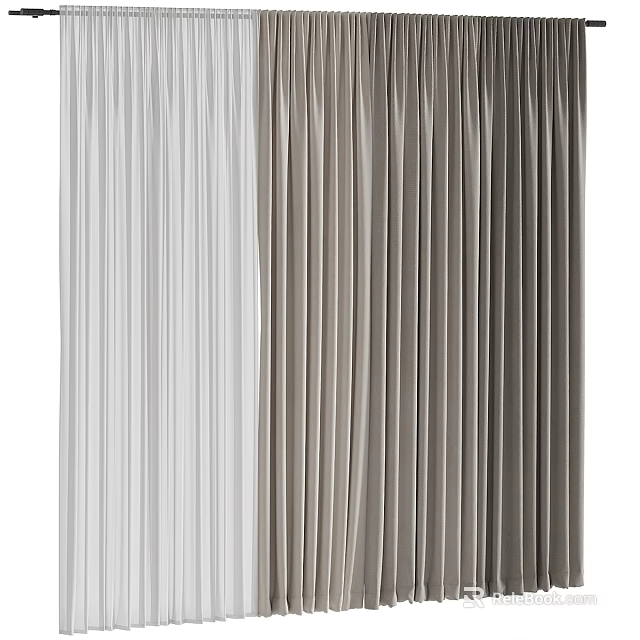 Elegant Pleated Curtains In Neutral Beige And Gray Tones For Modern Room Decor 3d model 