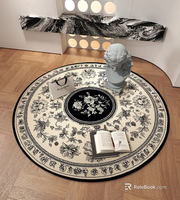 Round Rug Featuring Black Floral Patterns Open Book And Small Statue On Wooden Floor 3d model 
