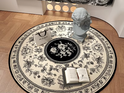 Round Rug Featuring Black Floral Patterns Open Book And Small Statue On Wooden Floor 3d model