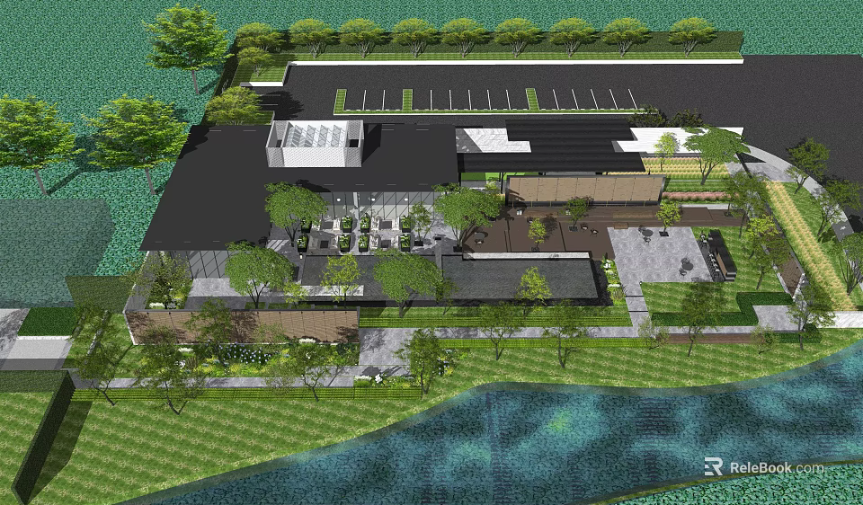 Modern Sales Office Building With Greenery Waterfront Courtyard And Parking Lot 3d model 