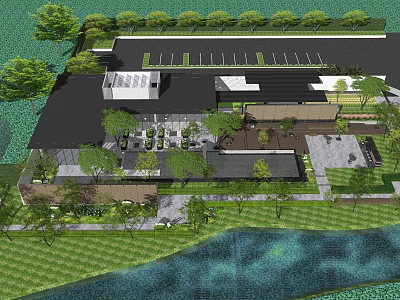 Modern Sales Office Building With Greenery Waterfront Courtyard And Parking Lot 3d model