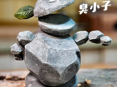Decorative Stone Figurine Set With Stacked Robot Figure And Green Leaf For Home Decor 3d model