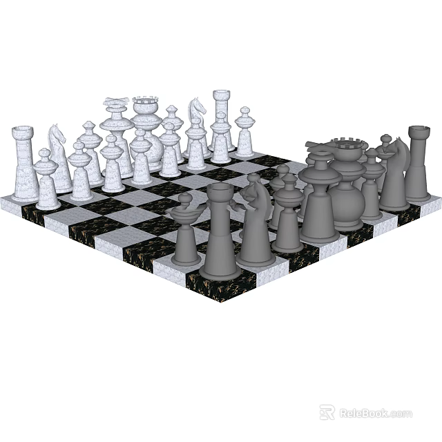 Classic Black and White Chessboard with Chess Pieces Decorative Ornament Set 3d model 