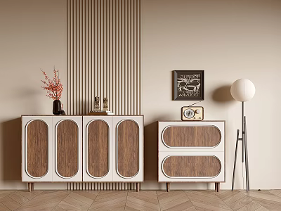 Modern Entryway Cabinet And Sideboard With Walnut Wood White Panels Decorative Lamp And Wall Art 3d model