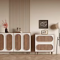 Modern Entryway Cabinet And Sideboard With Walnut Wood White Panels Decorative Lamp And Wall Art