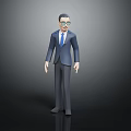 3D Male Character in Blue Suit With Blue Tie and Glasses Standing on Dark Background