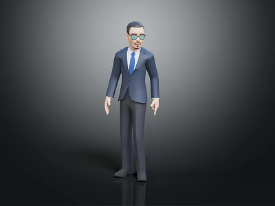 3D Male Character in Blue Suit With Blue Tie and Glasses Standing on Dark Background 3d model