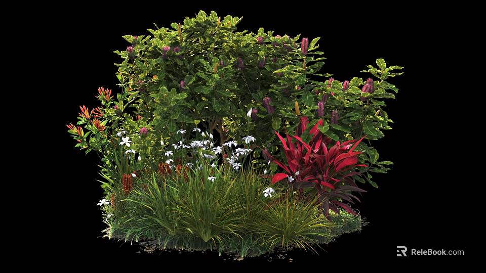 Vibrant Garden Shrubs With Green Foliage Red Leaves And White Flowers 3d model 