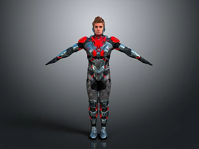 3D Armored Character Model in Red Black Metallic Armor with Arms Outstretched on Gray Background 3d model