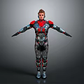 3D Armored Character Model in Red Black Metallic Armor with Arms Outstretched on Gray Background