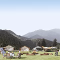 Scenic Mountain View Campsite With Tents Green Lawn And Outdoor Seats