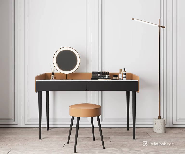 Modern Minimalist Dressing Table With Round Mirror Wooden Top Brown Stool And Floor Lamp 3d model 